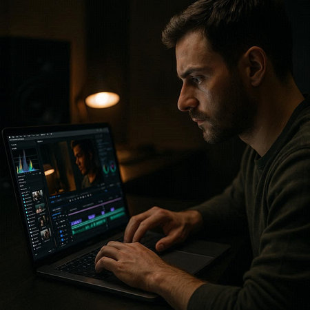 Side view of a man using a laptop at night in a dark room