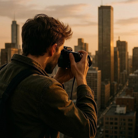 Male photographer taking photos of New York City skyline during sunset hours.