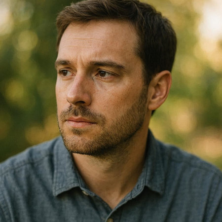Portrait of a pensive man looking away in the park.