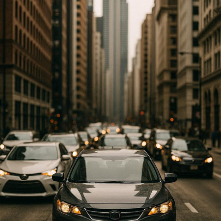 Car traffic on the street in Chicago, Illinois, United States.