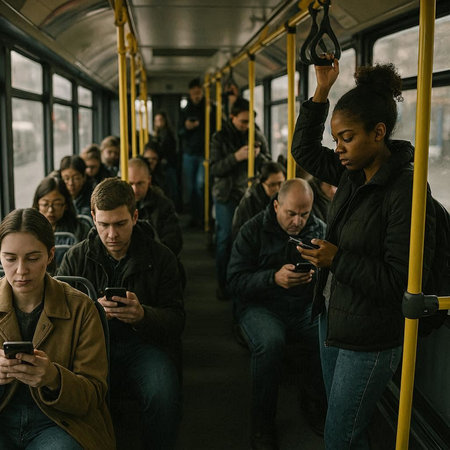 Group of multiethnic people using mobile phones while traveling by tram