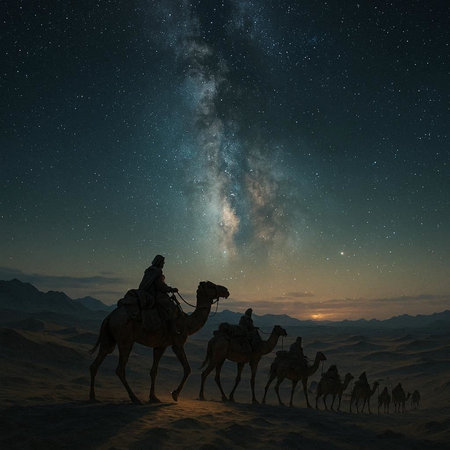 Camel caravan with stars and milky way. 3D rendering