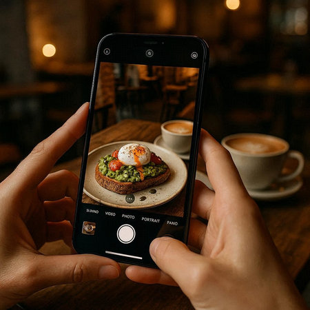 Woman taking a photo of sandwich with poached egg on a smartphone