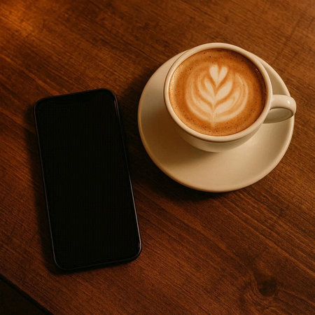 Cup of coffee with latte art on a wooden table.