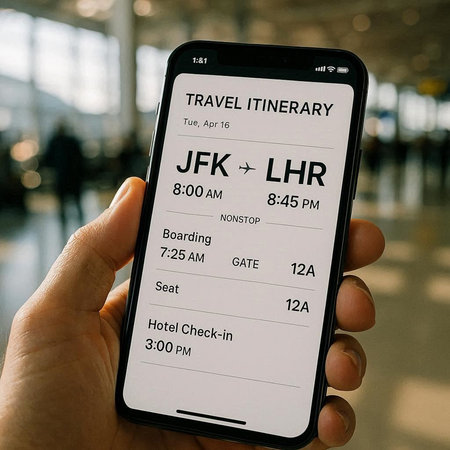 Closeup of a hand holding a smart phone with Travel Tracking application on the screen.