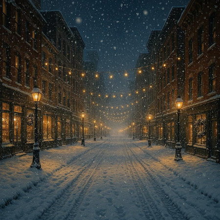 Snowy street at night in Boston, Massachusetts, USA. Color toned image.