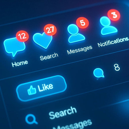 Close up of social media icons on a screen. 3D rendering