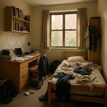 Interior of a hotel room with a bed, bookshelf and wardrobe