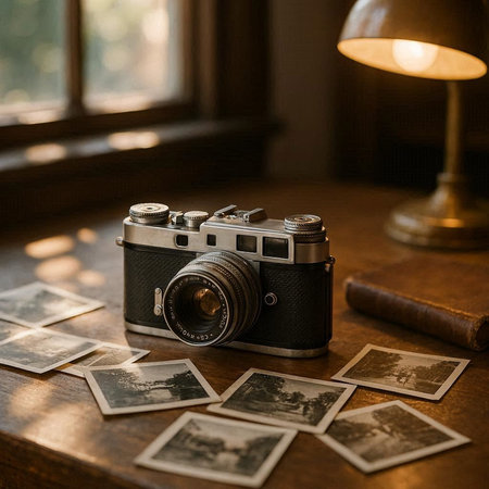 Vintage camera and old photos on a wooden table near the window