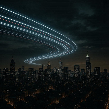 Aerial view of New York Manhattan during sunset hours with light trails