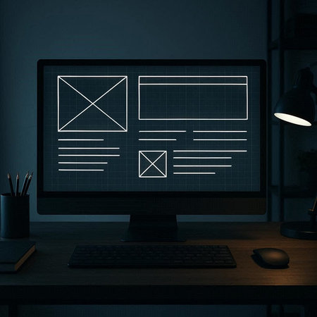 Desktop computer with email symbol on screen at night. 3D Rendering