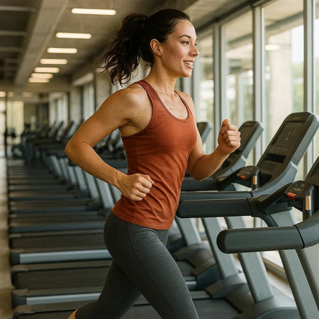 Side view of a smiling young woman running on a treadmill in a gym