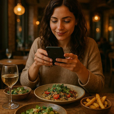 Young woman using a mobile phone while sitting at a table in a restaurant