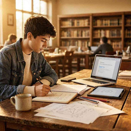 Young man working at a desk in a library with a laptop.