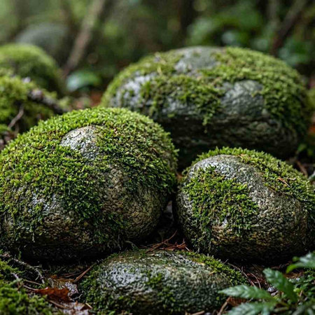 Mossy stones in the forest, close-up, macro