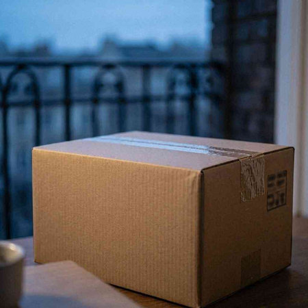 Cardboard box on a table in front of a window with a view of the city