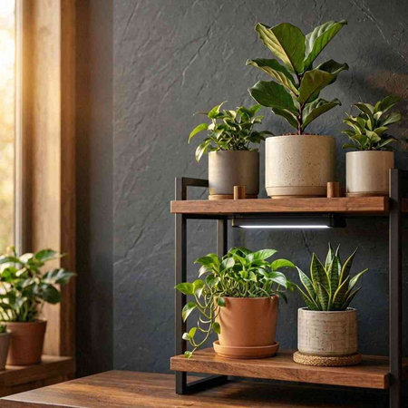Beautiful houseplants in pots on wooden shelf in cozy room