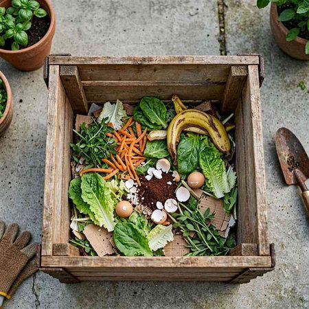 Gardening concept. Top view of wooden box full of fresh organic garden vegetables, herbs and gardening tools.