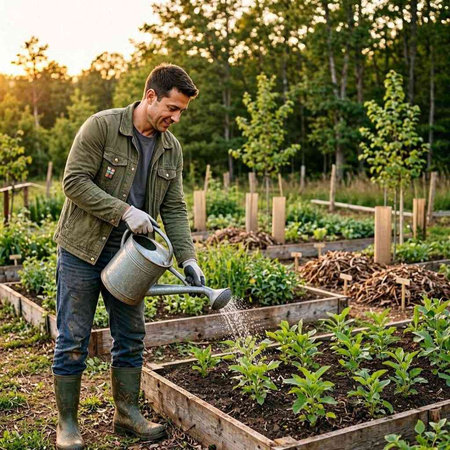 Young male gardener watering pepper seedlings in the garden at sunset