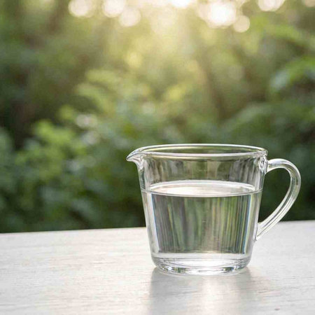 Glass cup of water on the table in the garden with bokeh background