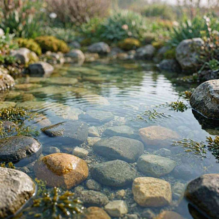 A view of a small stream in a garden with rocks and seaweed