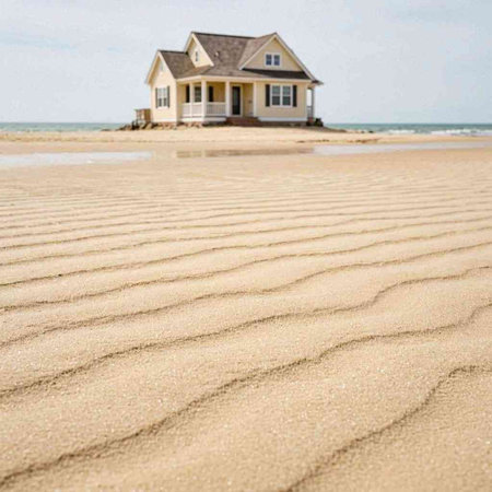 A house in the sand on a beach in Normandy, France.