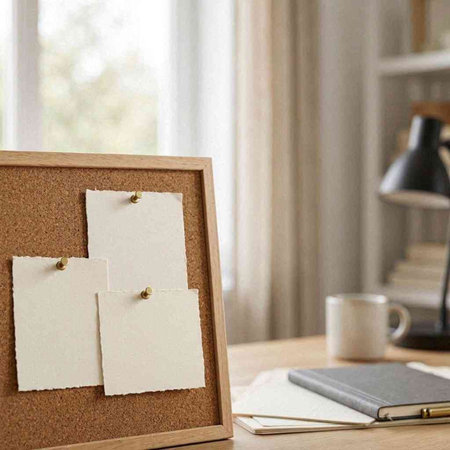 Cork board with blank note papers on the table in the office