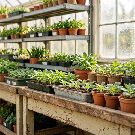 Plants in pots on the windowsill of a modern greenhouse.