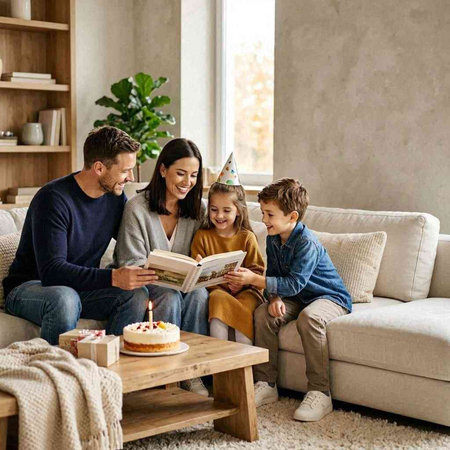 Happy family celebrating birthday together at home. Mother, father and their children are sitting on the couch and reading a book