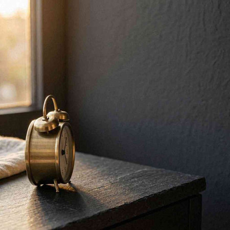 Vintage alarm clock on a table in front of a window.