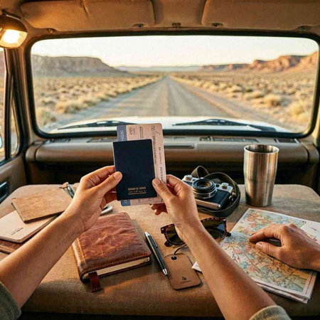 Hands holding passport and boarding pass in a camper van.