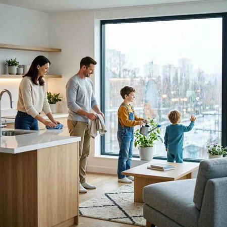 Happy family washing dishes in the kitchen at home. Housekeeping concept