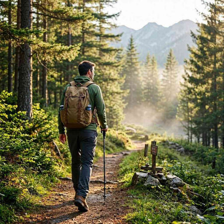 Hiker with a backpack and trekking poles on a trail in the mountains