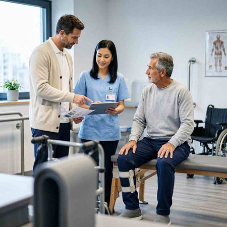 Doctor and patient discussing something while sitting at the table in medical office