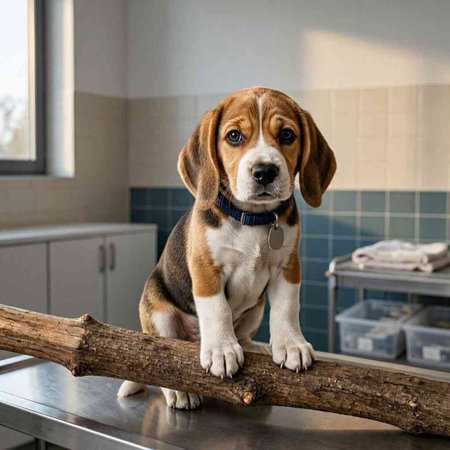 Beagle puppy sitting on a wooden log in a veterinary clinic.