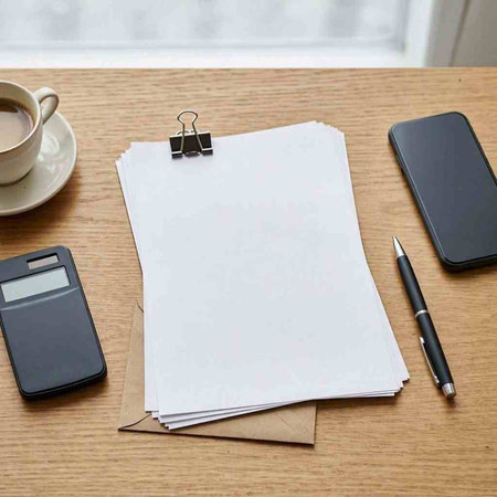 Blank paper with pen, smartphone and coffee cup on wooden table