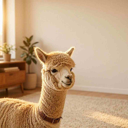 Llama in the living room. Cute alpaca portrait