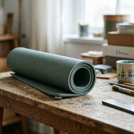 A roll of yoga mat on an old wooden table in a studio
