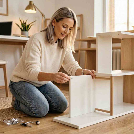 Young woman assembling furniture at home. Home improvement and DIY concept.