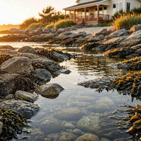 Rocks and seaweed in the sea at sunset with a house in the background