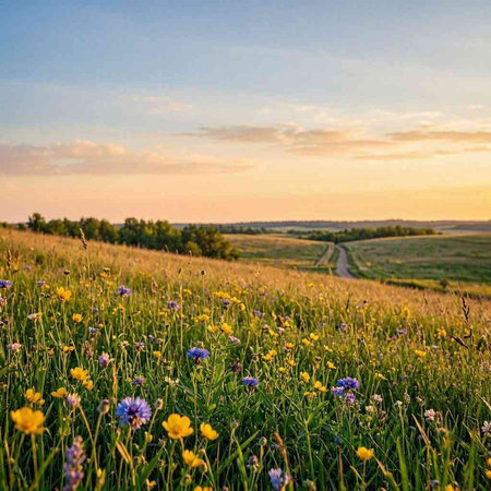 Sunset in the meadow with wildflowers and road.