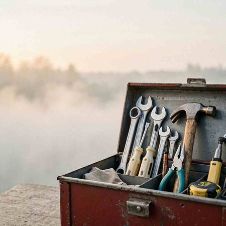 Set of tools in a toolbox on the background of foggy forest