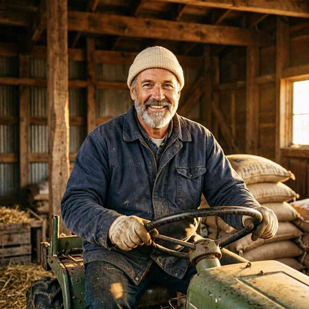 Portrait of a senior farmer in his barn with a tractor.