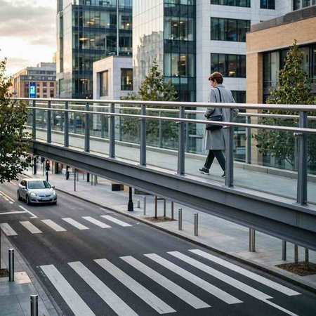 Businessman walking on a pedestrian crossing in front of a modern office building