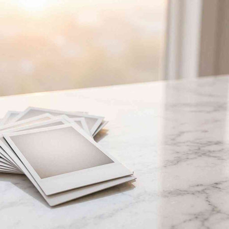 Blank photo frames on white marble table with copy space for text.
