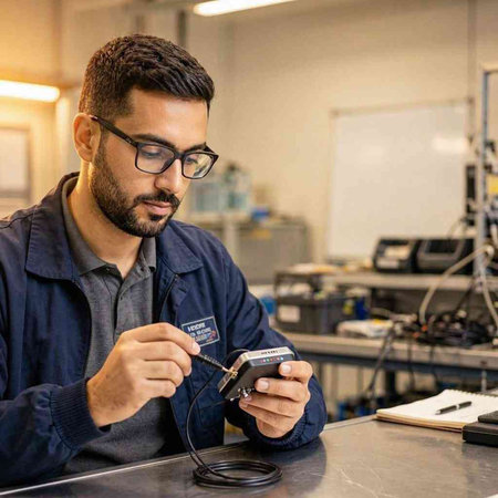 Engineer at work in a factory, he is using a digital thermometer