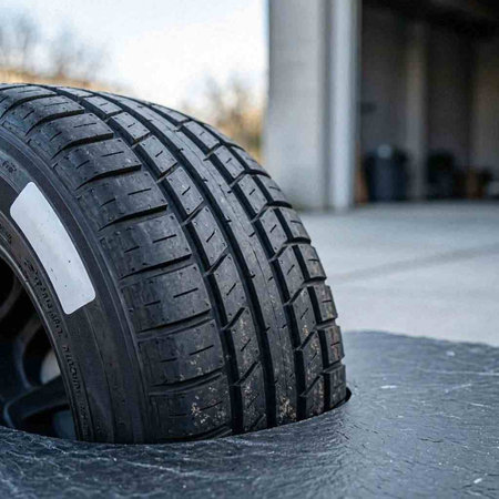 Close up view of a new car tire on a parking lot.