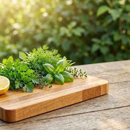 Fresh herbs and spices on a cutting board on a wooden table.