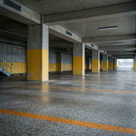 Underground parking lot with yellow and gray walls and concrete floor.