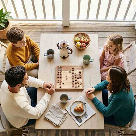 Group of friends having breakfast in the terrace of a modern house